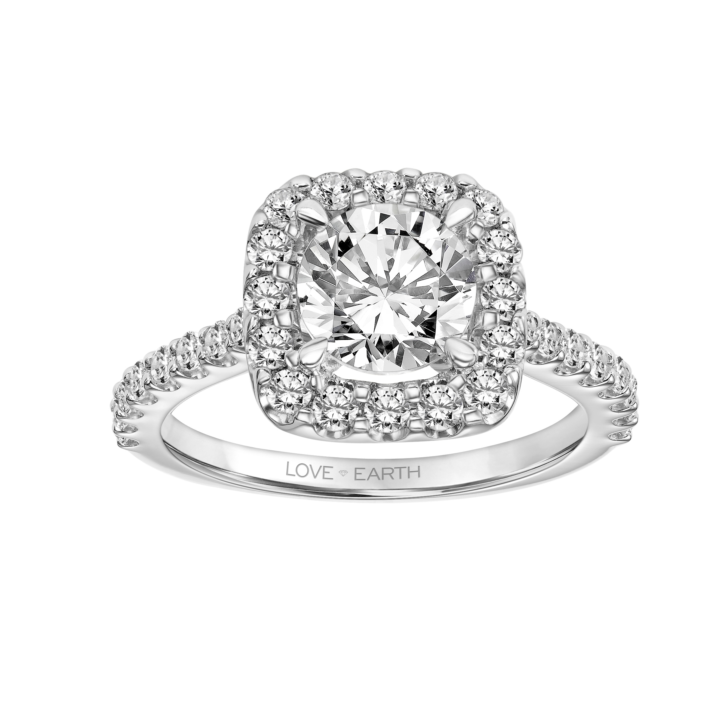 Love Earth Engagement Ring Setting with Lab Grown Diamond Cushion Halo & Shank in White Gold, .72 ct