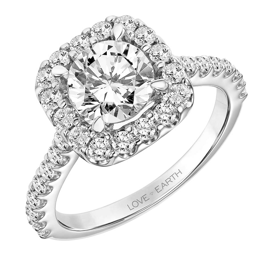 Love Earth Engagement Ring Setting with Lab Grown Diamond Cushion Halo & Shank in White Gold, .72 ct