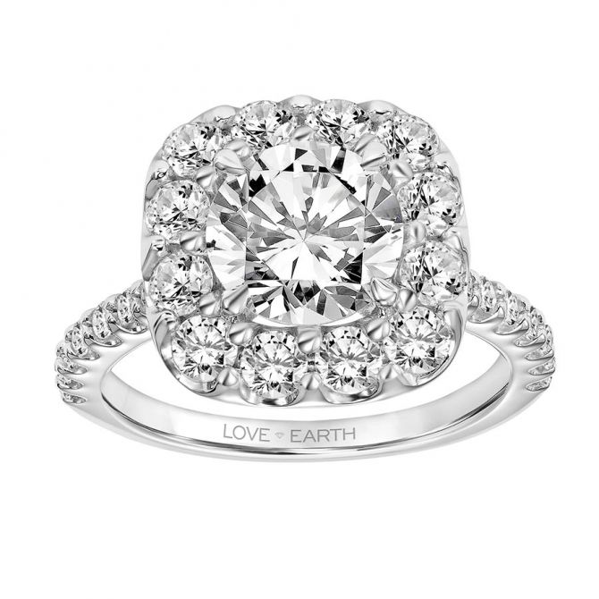 Love Earth Engagement Ring Setting with Lab Grown Diamond Cushion Halo & Shank in White Gold, 1.34 c
