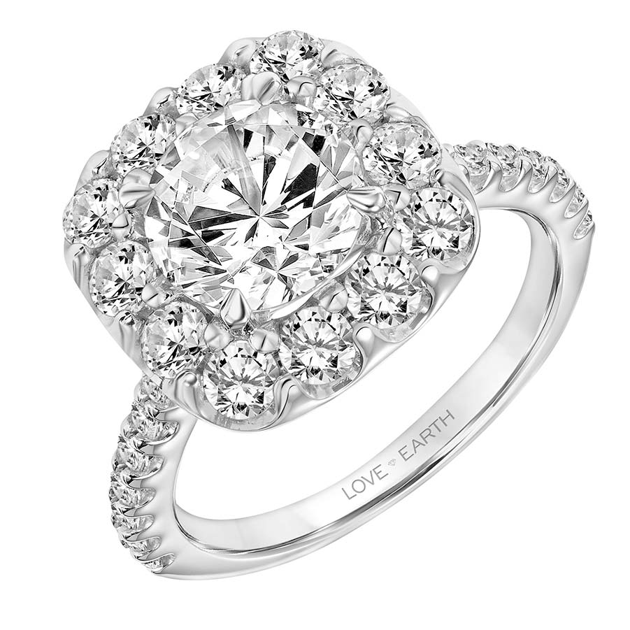 Love Earth Engagement Ring Setting with Lab Grown Diamond Cushion Halo & Shank in White Gold, 1.34 c