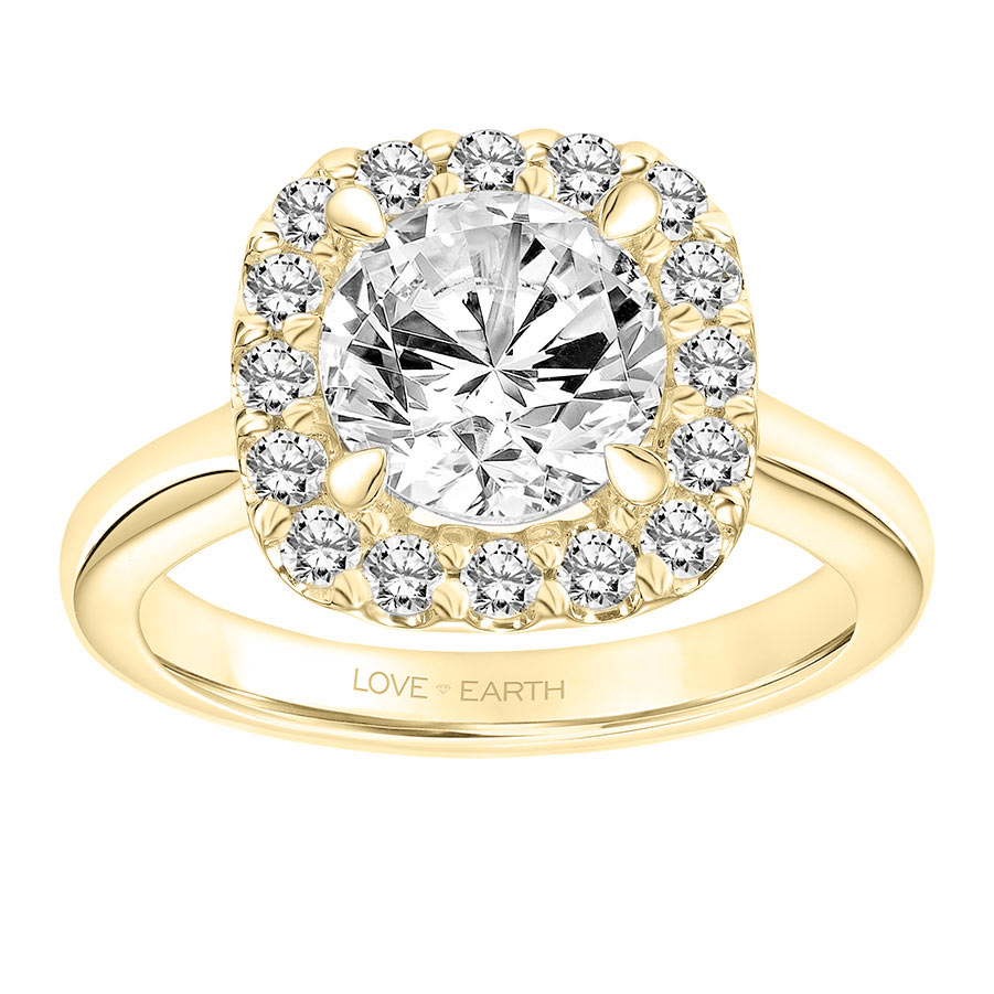 Love Earth Engagement Ring Setting with Lab Grown Diamond Cushion Halo in Yellow Gold