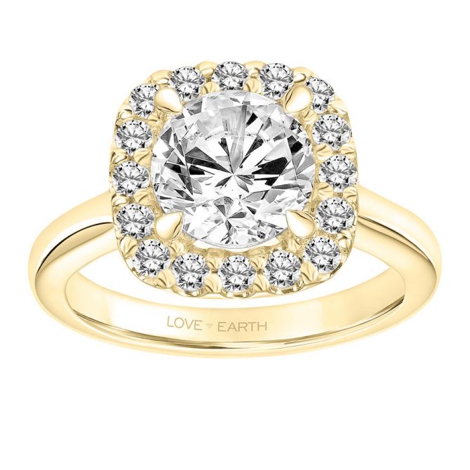 Love Earth Engagement Ring Setting with Lab Grown Diamond Cushion Halo in Yellow Gold