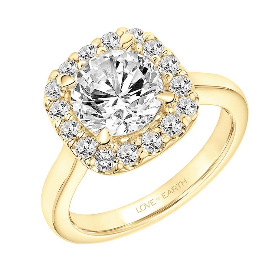 Love Earth Engagement Ring Setting with Lab Grown Diamond Cushion Halo in Yellow Gold