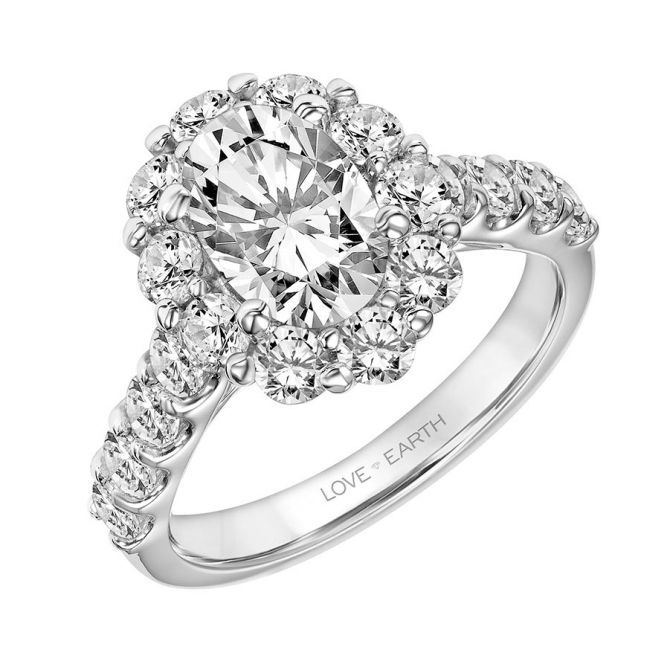 Love Earth Engagement Ring Setting with Lab Grown Diamond Oval Halo & Shank in White Gold, 1.64 cttw