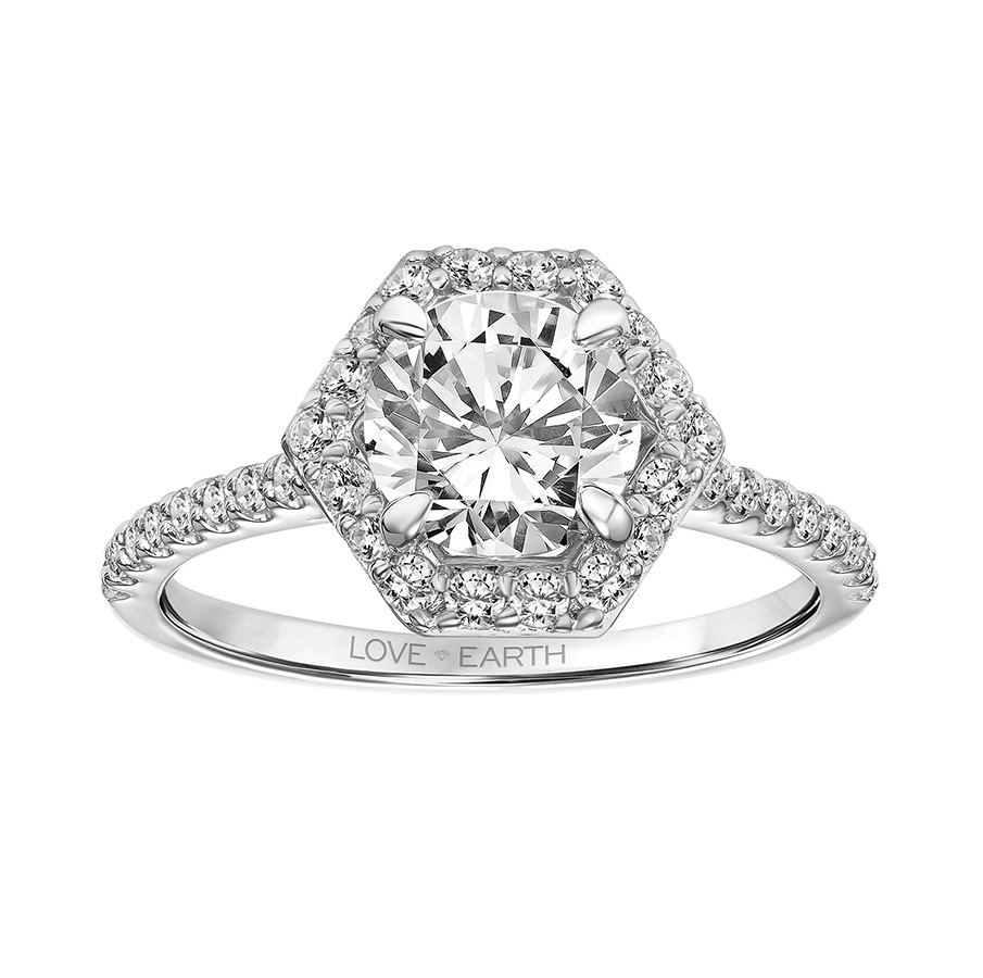 Love Earth Engagement Ring Setting with Lab Grown Diamond Hexagon Halo & Shank in White Gold, .38 ct
