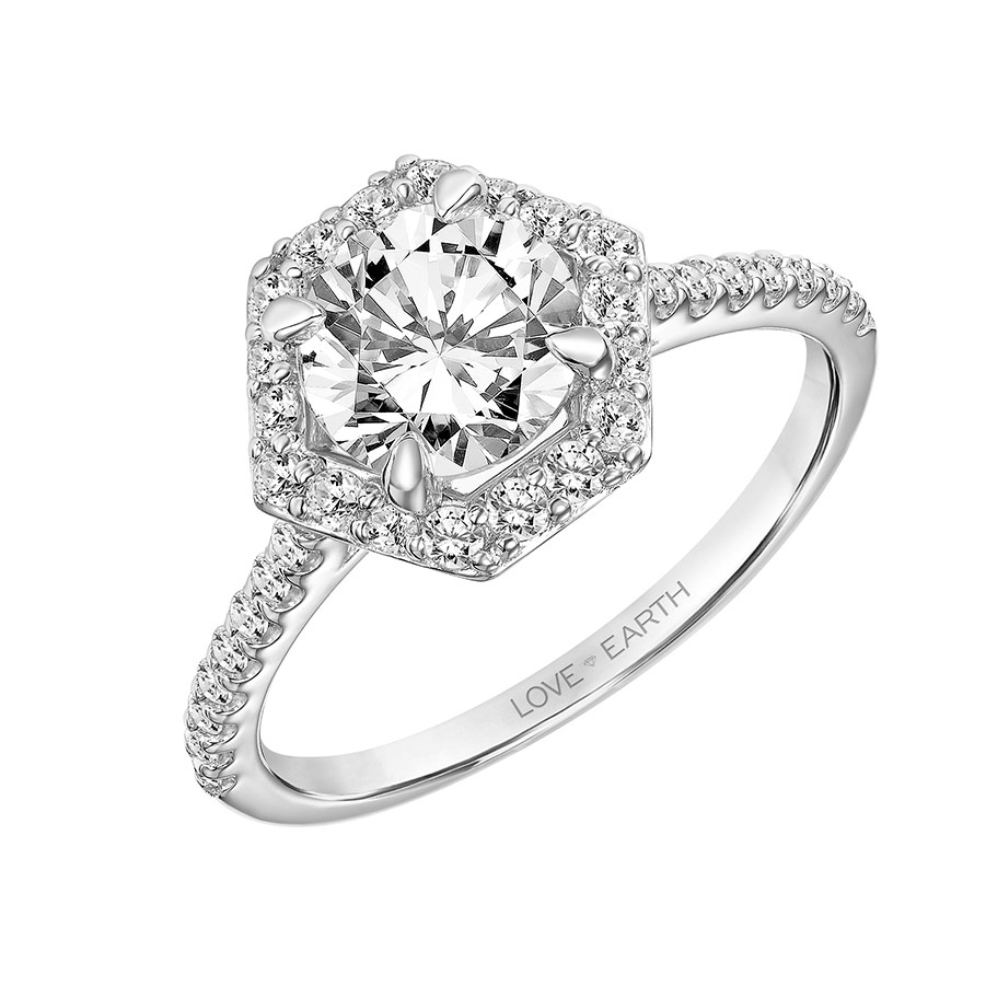 Love Earth Engagement Ring Setting with Lab Grown Diamond Hexagon Halo & Shank in White Gold, .38 ct