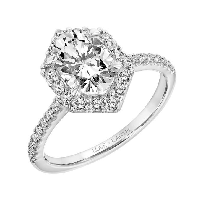Love Earth Engagement Ring Setting with Lab Grown Diamond Hexagon Halo & Shank in White Gold, .36 ct