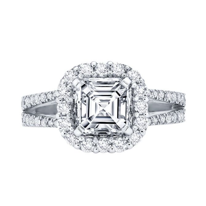 Peter Storm Diamond Cushion Halo & Split Shank Engagement Ring Setting in White Gold
