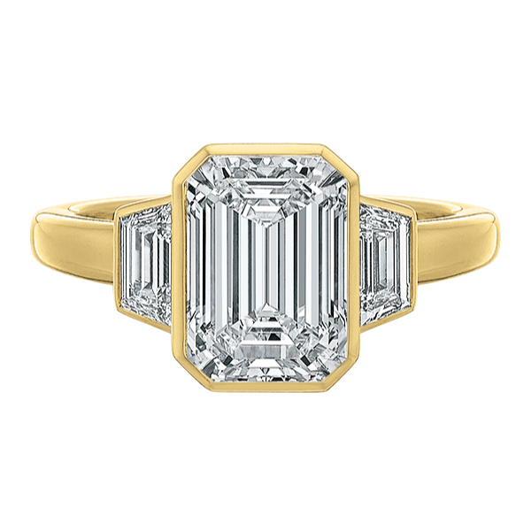 Bezel Set Emerald Cut Diamond 3 Stone Engagement Ring Setting in Yellow Gold