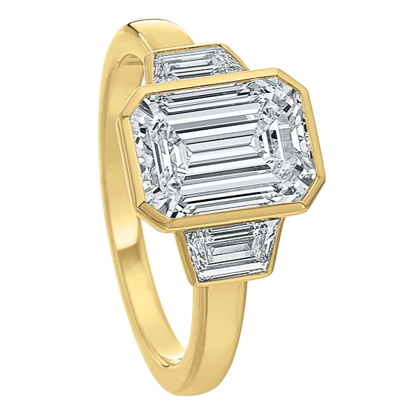 Bezel Set Emerald Cut Diamond 3 Stone Engagement Ring Setting in Yellow Gold