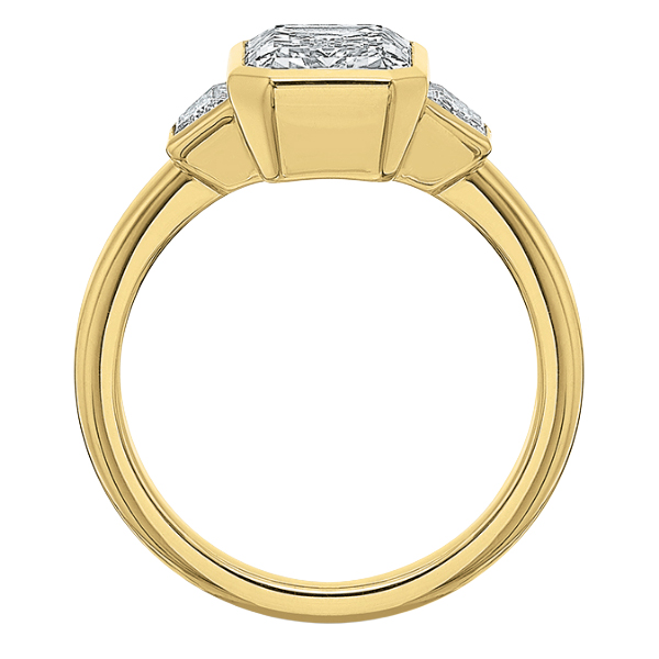 Bezel Set Emerald Cut Diamond 3 Stone Engagement Ring Setting in Yellow Gold