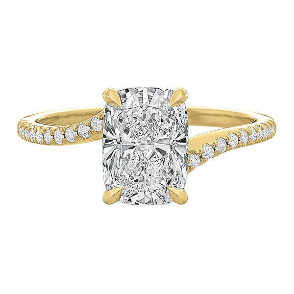 Cushion Cut Diamond & Side Stone Swirl Engagement Ring Setting in Yellow Gold