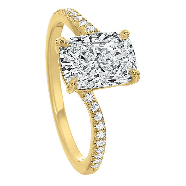 Cushion Cut Diamond & Side Stone Swirl Engagement Ring Setting in Yellow Gold