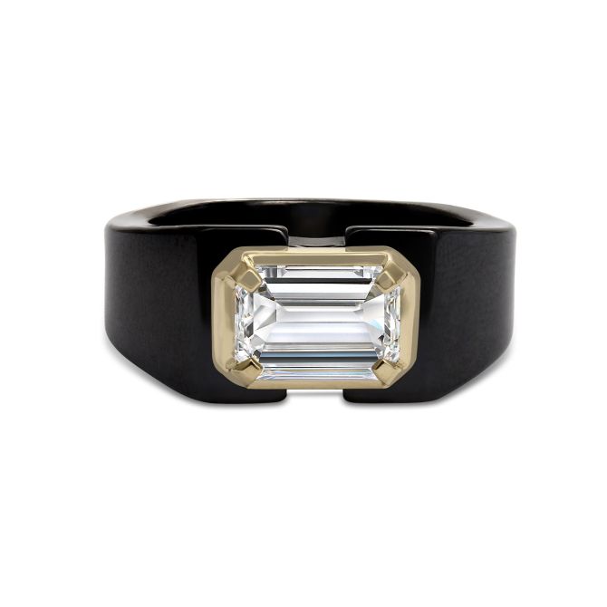 Clarity Diamond Lab-Grown Emerald Cut Diamond Ring in Black Ceramic & Yellow Gold, 2.07 ct, Size 8