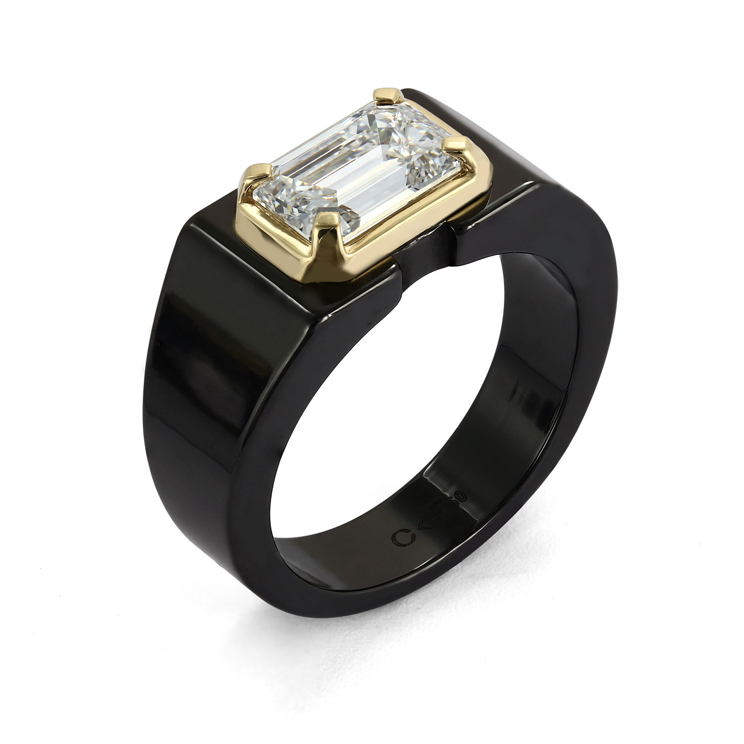 Clarity Diamond Lab-Grown Emerald Cut Diamond Ring in Black Ceramic & Yellow Gold, 2.05 ct, Size 10