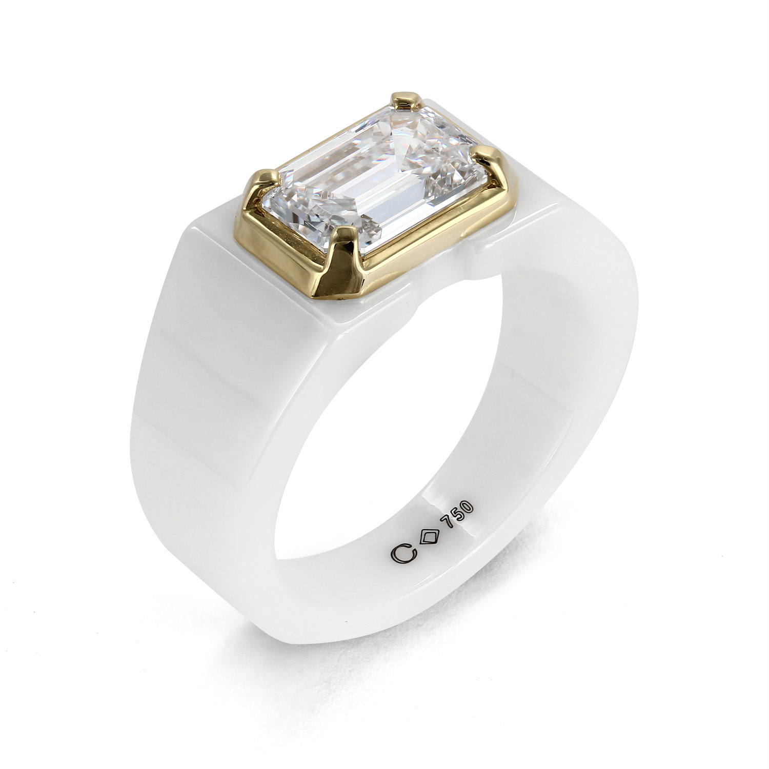 Clarity Diamond Lab-Grown Emerald Cut Diamond Ring in White Ceramic & Yellow Gold, 2.09 ct, Size 7