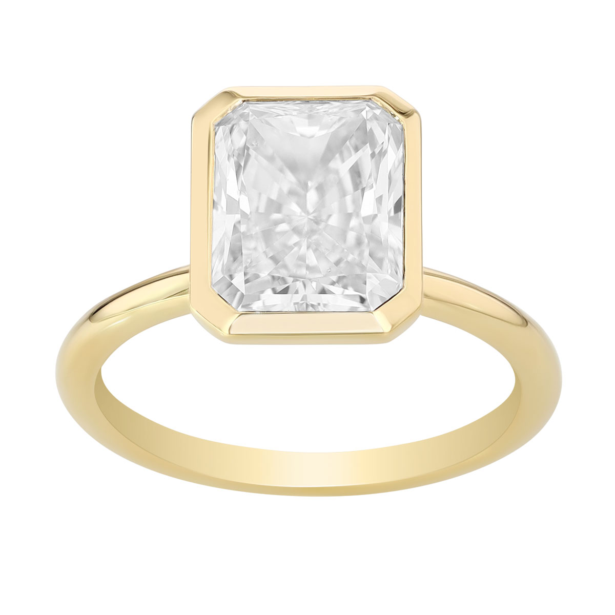 Bezel Set Radiant Cut Diamond Solitaire Engagement Ring in Yellow Gold, 3.01 ct