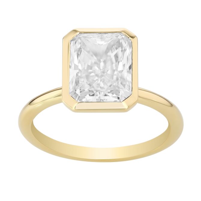 Bezel Set Radiant Cut Diamond Solitaire Engagement Ring in Yellow Gold, 3.01 ct