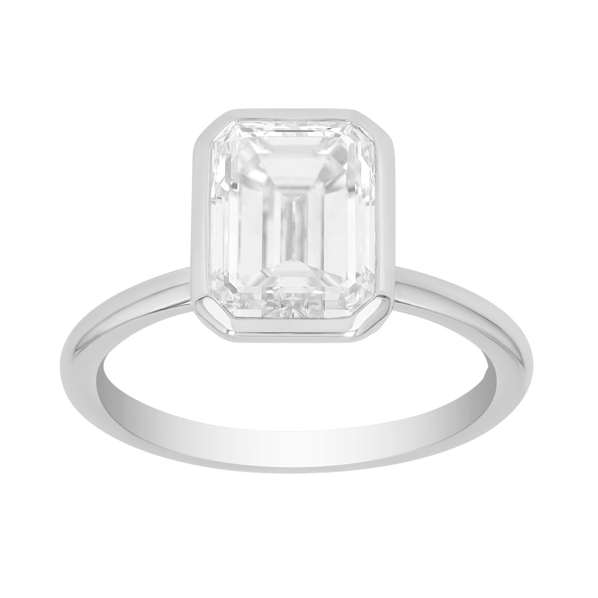 Bezel Set Emerald Cut Diamond Solitaire Engagement Ring in Platinum, 2.91 ct