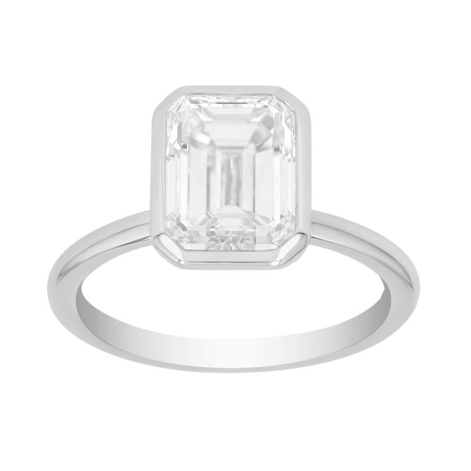 Bezel Set Emerald Cut Diamond Solitaire Engagement Ring in Platinum, 2.91 ct