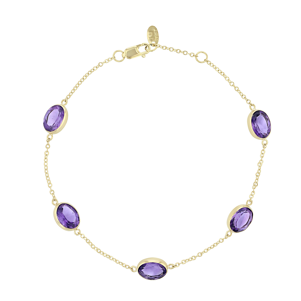 Oval Amethyst Bezel Set 5 Station Bracelet in Yellow Gold, 7.5