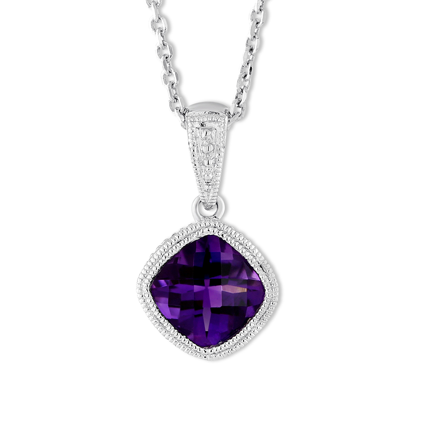 14K White Gold Cushion Checkerboard Amethyst Pendant With Milgrain Bezel, 18