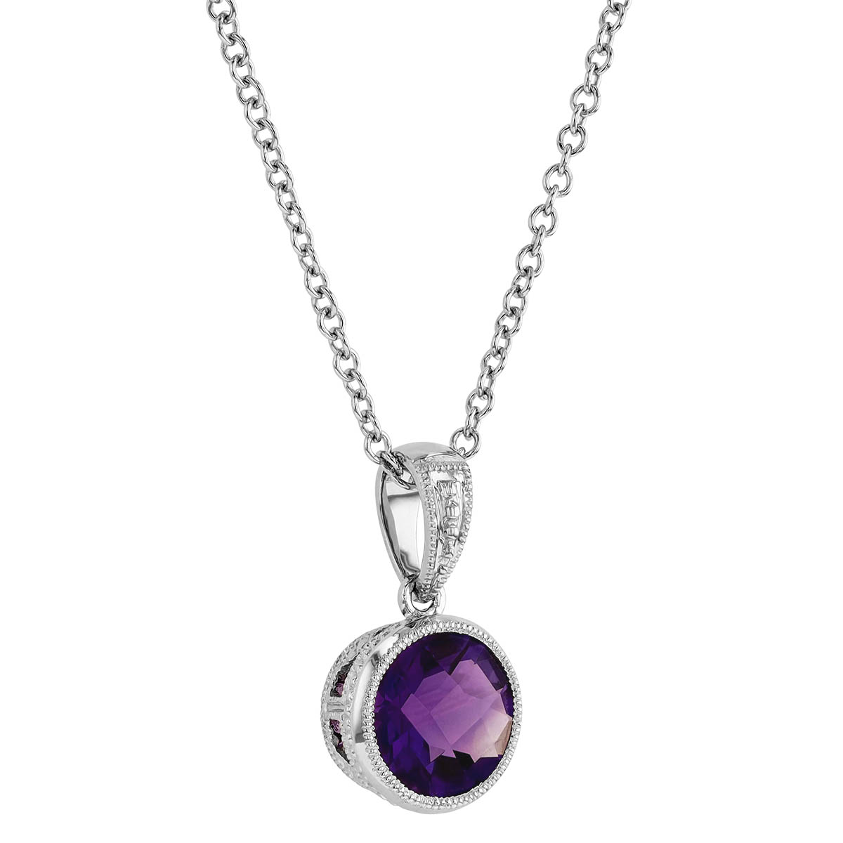 Amethyst Milgrain Bezel Set Pendant Necklace in White Gold
