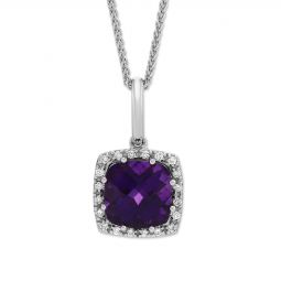 Cushion Amethyst & Diamond Halo Pendant Necklace in White Gold