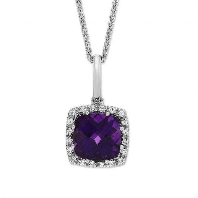 Cushion Amethyst & Diamond Halo Pendant Necklace in White Gold