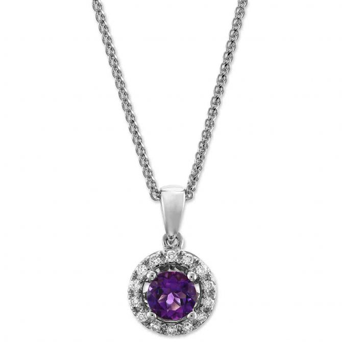 Amethyst & Diamond Halo Pendant Necklace in White Gold