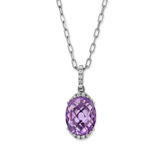 Oval Amethyst & Diamond Pendant Necklace in White Gold