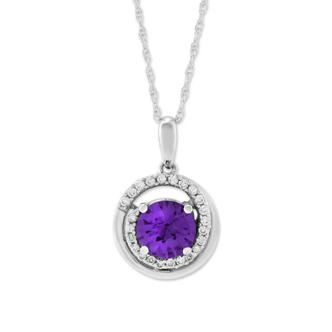 Amethyst & Diamond Halo Swirl Pendant Necklace in White Gold
