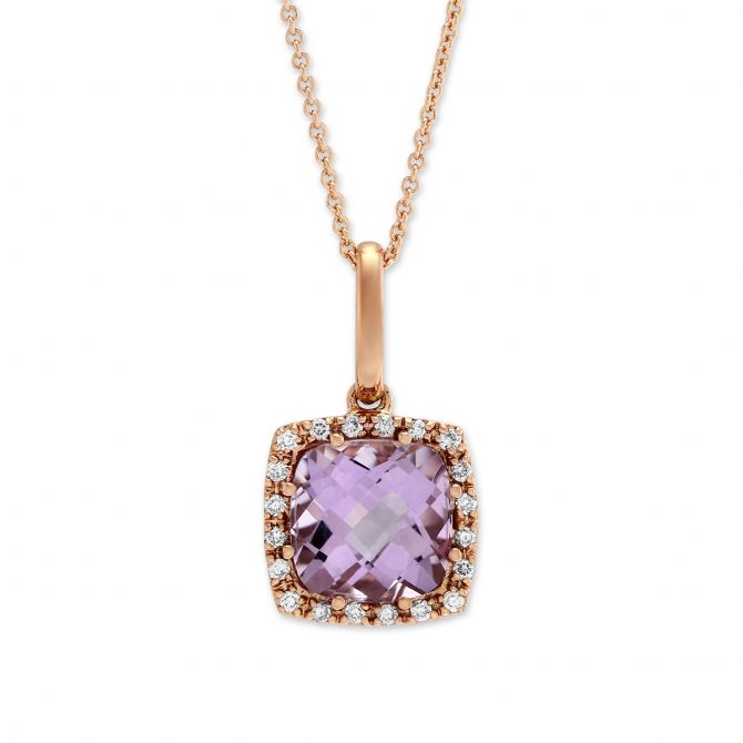 Rose Gold Amethyst & Diamond Halo Pendant Necklace