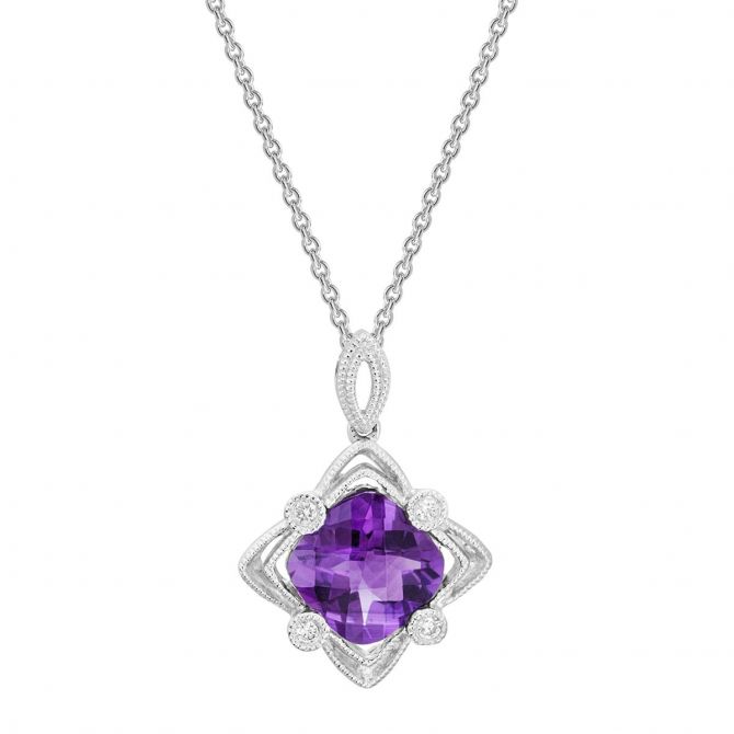 Amethyst & Diamond 4 Point Star Pendant with Milgrain in White Gold