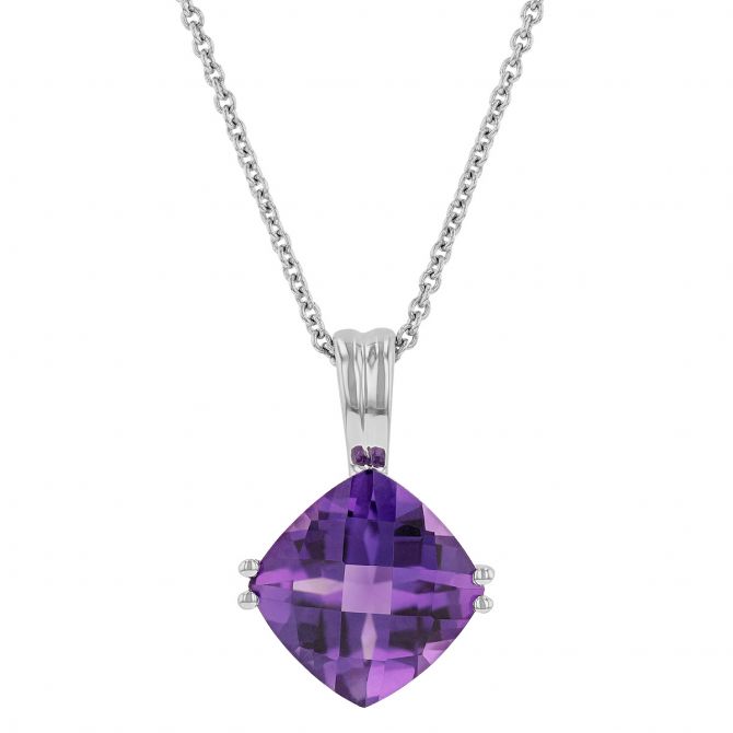 Cushion Amethyst Pendant Necklace in White Gold