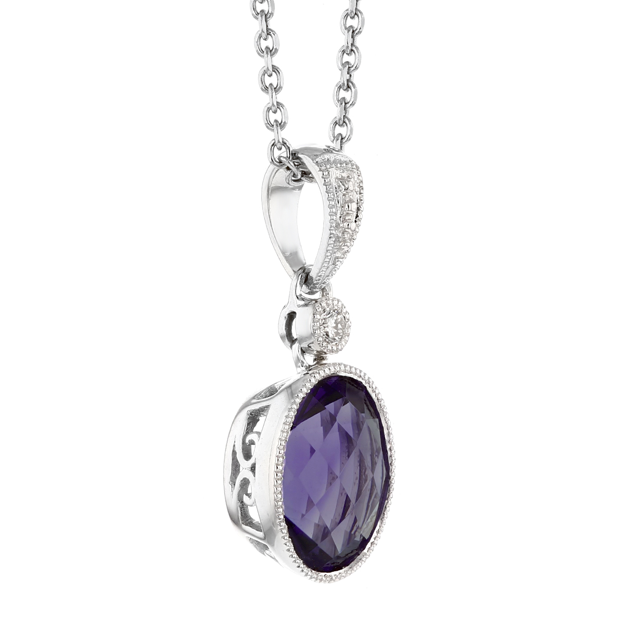 Amethyst & Diamond Milgrain Pendant Necklace in White Gold