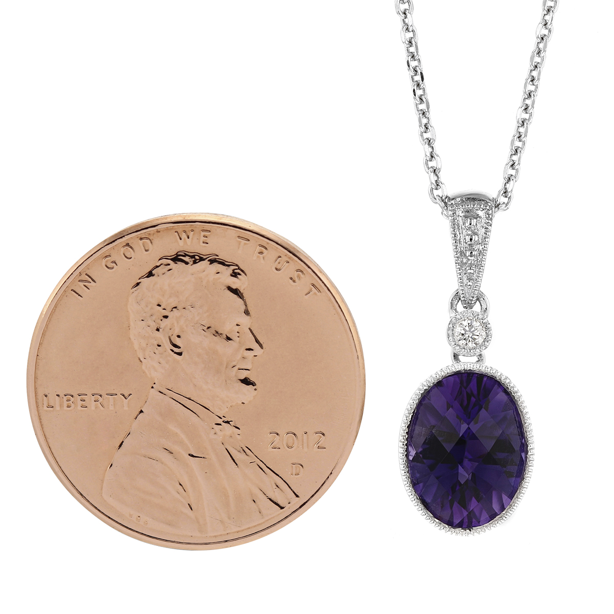 Amethyst & Diamond Milgrain Pendant Necklace in White Gold