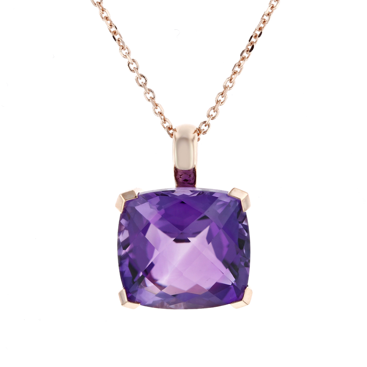 Cushion Amethyst Pendant Necklace in Rose Gold
