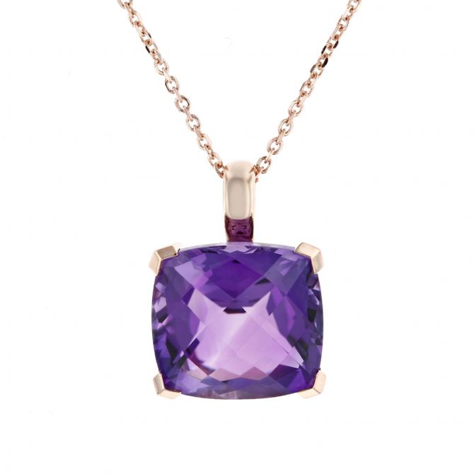 Cushion Amethyst Pendant Necklace in Rose Gold
