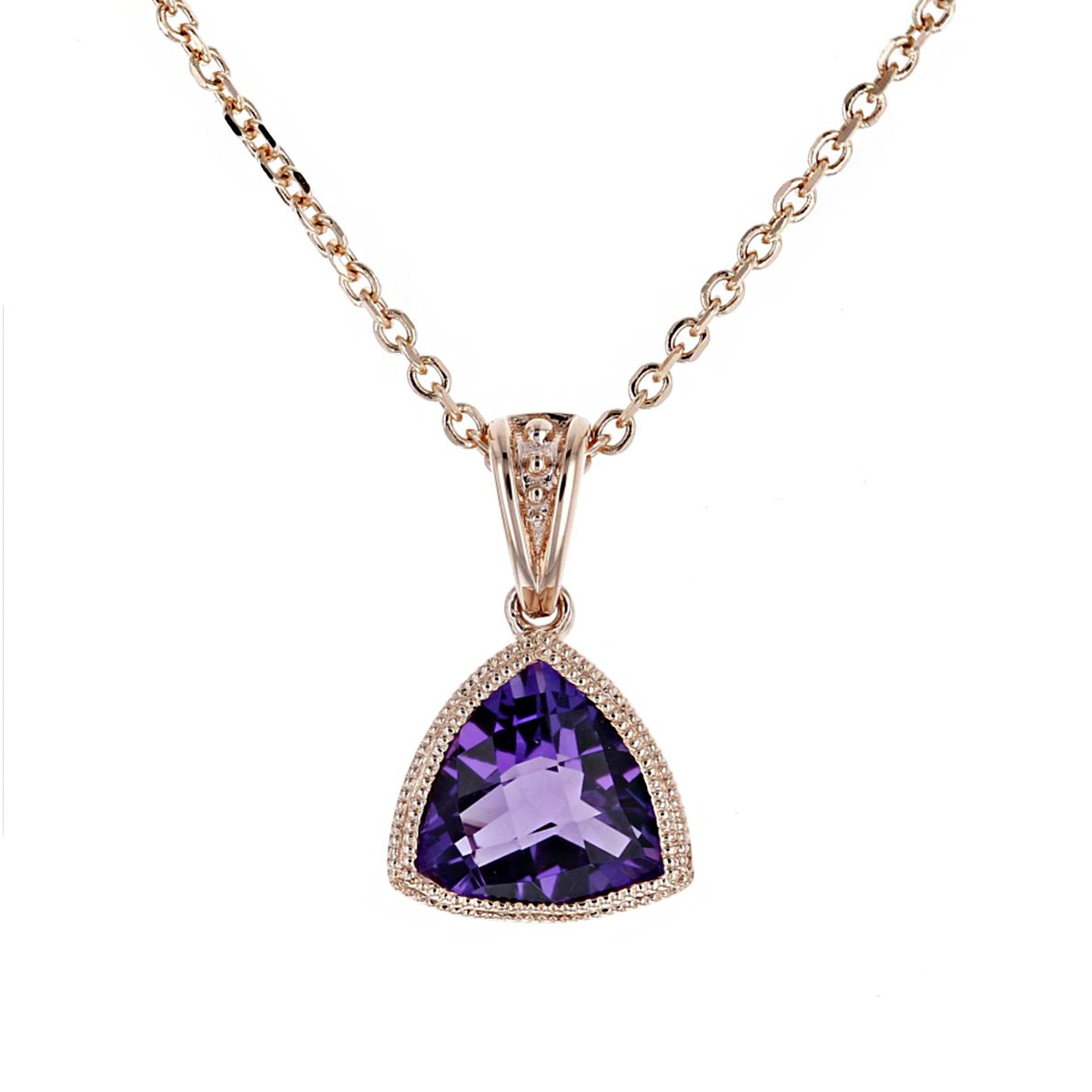 14K Rose Gold Checkerboard Trillion Amethyst Milgrain Bezel Pendant, 18