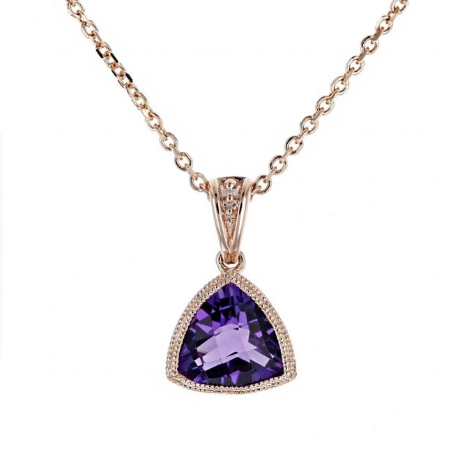 14K Rose Gold Checkerboard Trillion Amethyst Milgrain Bezel Pendant, 18"
