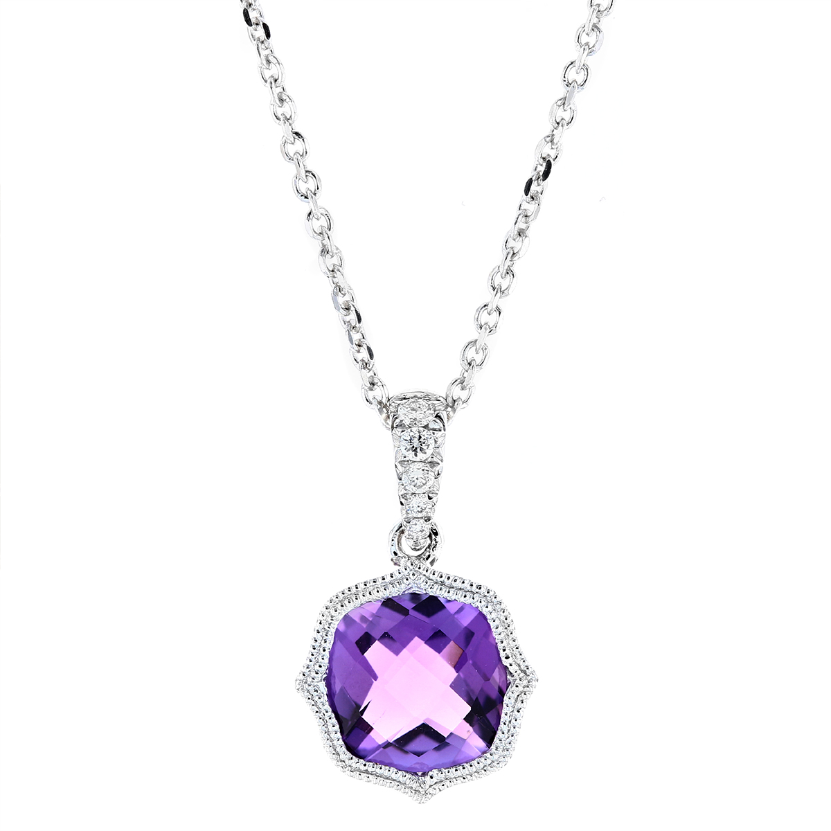 14K White Gold Cushion Amethyst & Diamond Milgrain Quatrefoil Pendant, 18