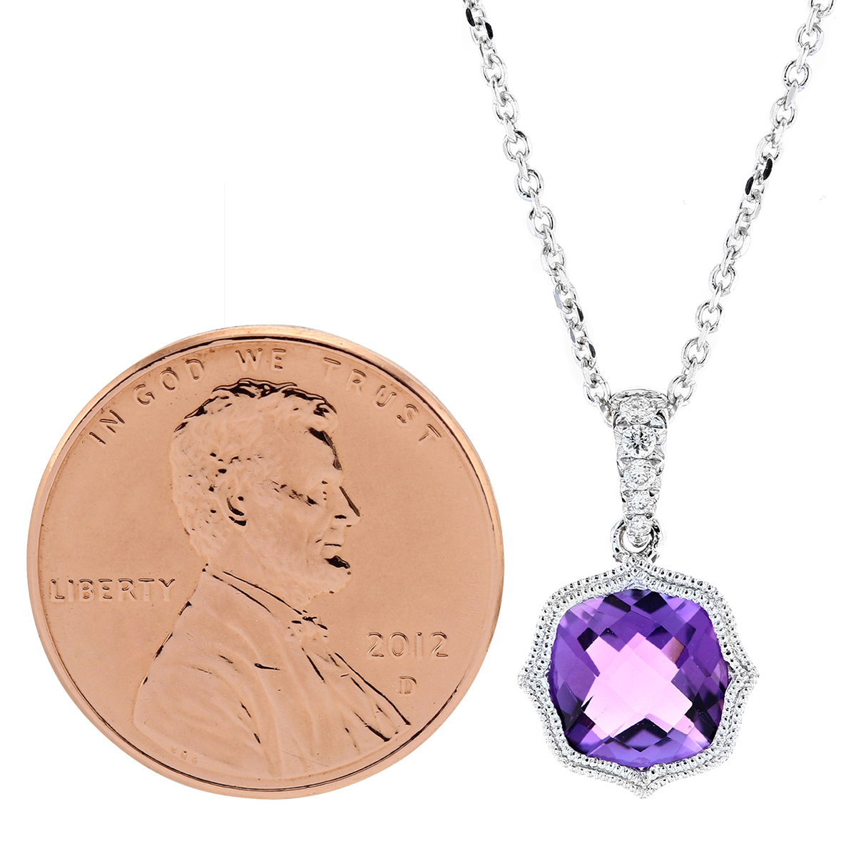 14K White Gold Cushion Amethyst & Diamond Milgrain Quatrefoil Pendant, 18