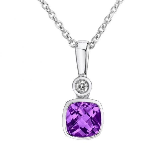 Cushion Amethyst & Diamond Pendant in White Gold, 18"