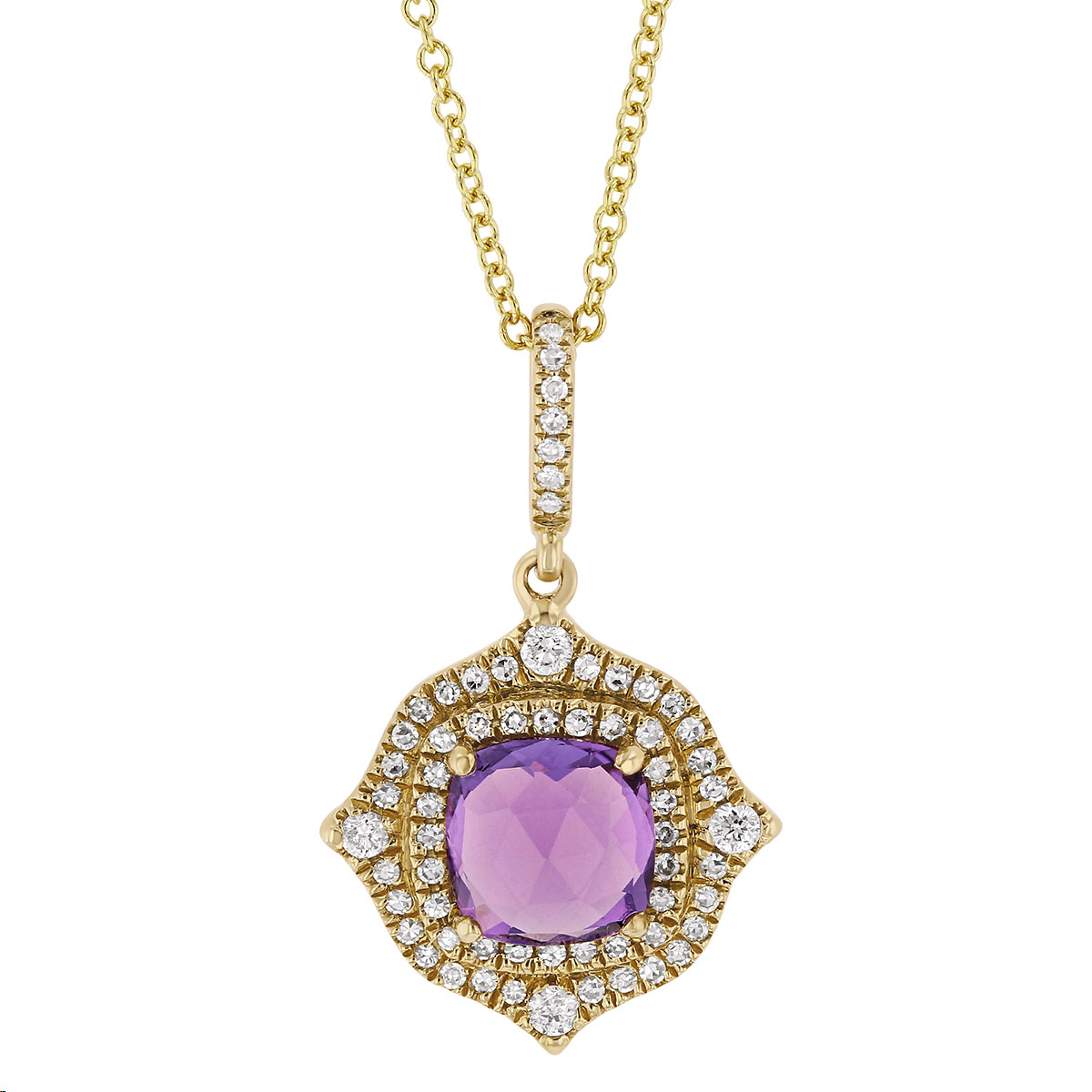 Cushion Amethyst & Diamond Double Halo Arabesque Pendant in Yellow Gold, 18