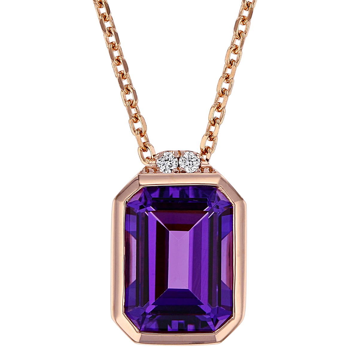 Emerald Cut Amethyst Bezel Set Pendant with 2 Diamond Accent in