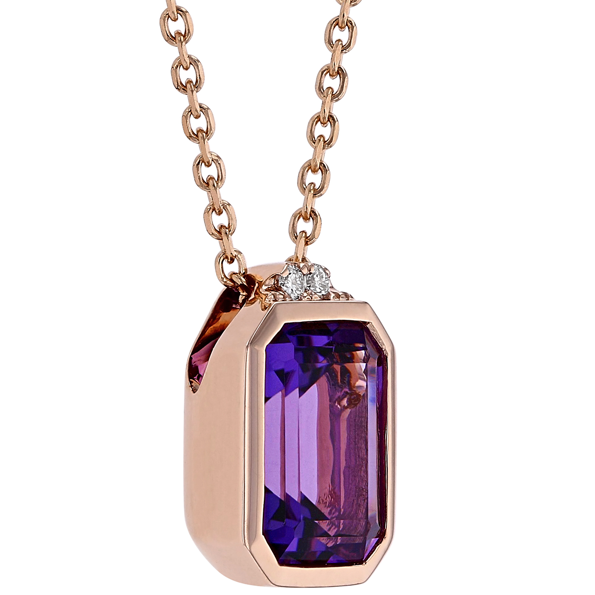 Emerald Cut Amethyst Bezel Set Pendant with 2 Diamond Accent in Rose Gold, 18