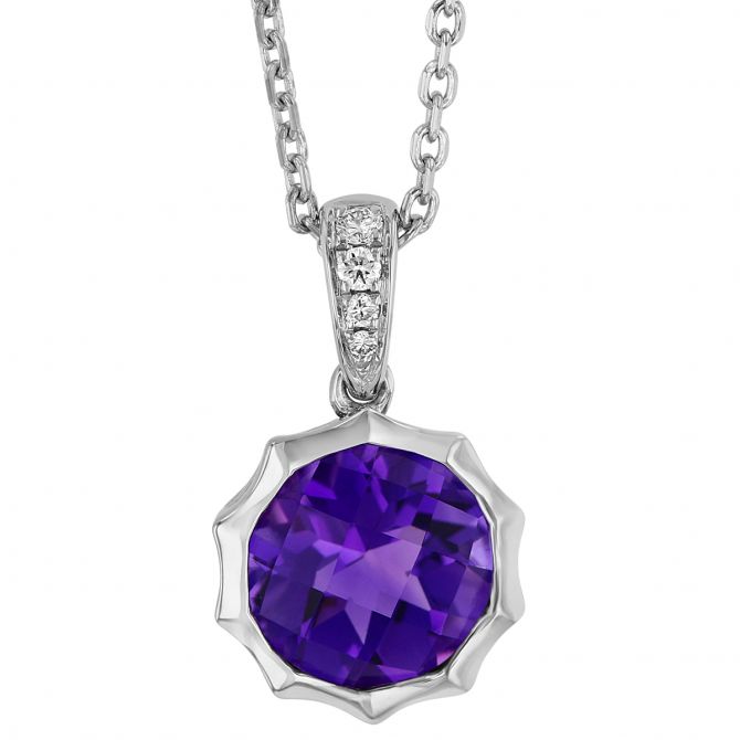 Round Checkerboard Amethyst Pointed Bezel Pendant with Diamond Bail in White Gold, 18"