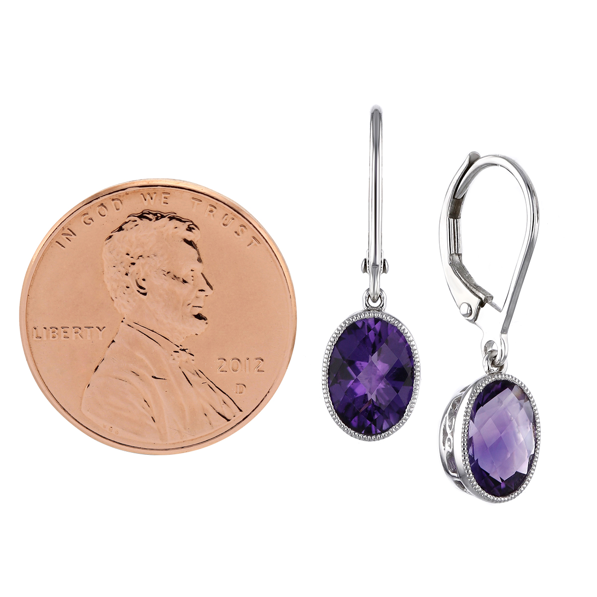 14K White Gold Oval Amethyst Milgrain Drop Earrings