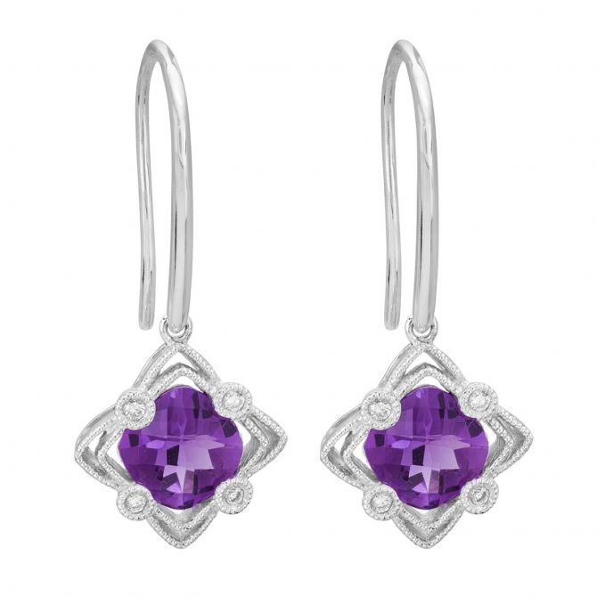 Amethyst & Diamond 4 Point Star Drop Earrings with Milgrain in White Gold